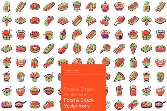 87 Food Snack Vector Icons for Modern Marketing and Branding