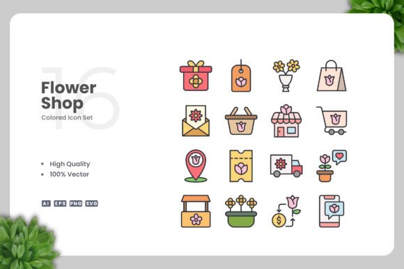 Flower Shop Color Icons: A Modern Graphic Design Asset for Content Creators