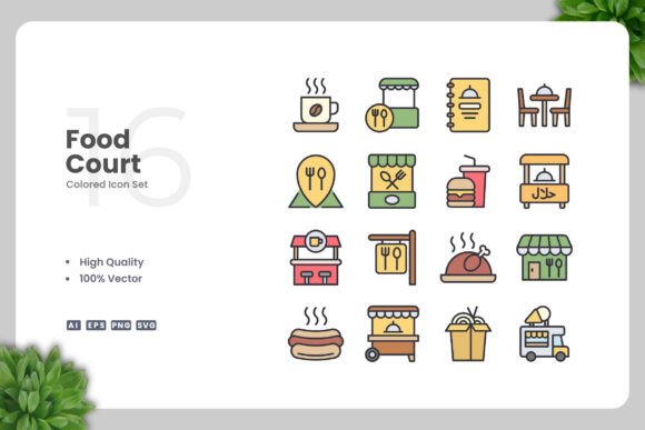 Food Court Color Icons: A Modern Graphic Design Asset for Content Creators