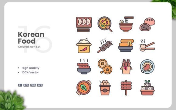 Korean Food Colored Icons for Handmade Graphic Design Projects