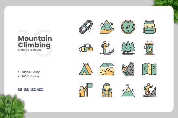 Mountain Climbing Color Icons: A Versatile Graphic Design Asset for Modern Branding