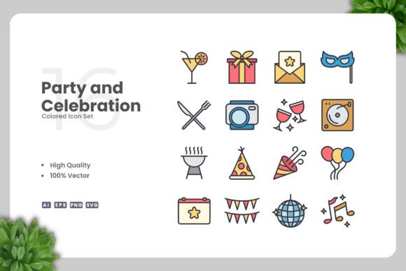 Party and Celebration Colored Icons for Embroidery Projects