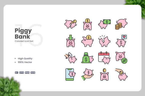 Piggy Bank Colored Icons for Handmade Business Designers