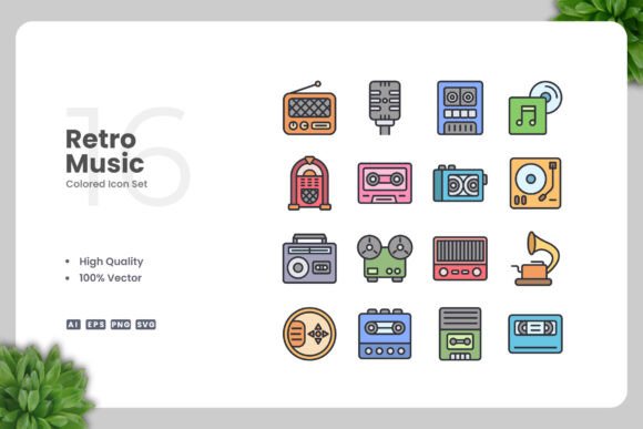 Retro Music Colored Icons: A Graphic Design Asset for Creative Sellers