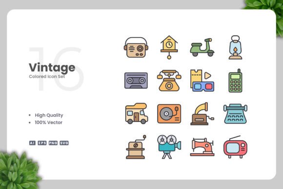 Vintage Colored Icons: A Versatile Graphic Design Asset for Creative Projects