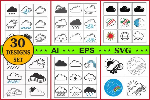 Weather Forecast Icon Vector Clipart Set Review for Embroidery Projects